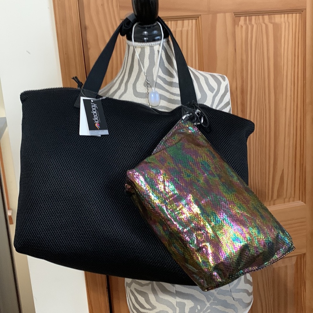 IDEOLOGY MESH BLACK TOTE WITH RAINBOW SNAKE STYLE  POUCH NWT